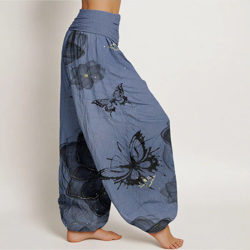 Buddha Stones Cotton Butterfly Flowers Pattern Women's Elastic Waist Harem Pants