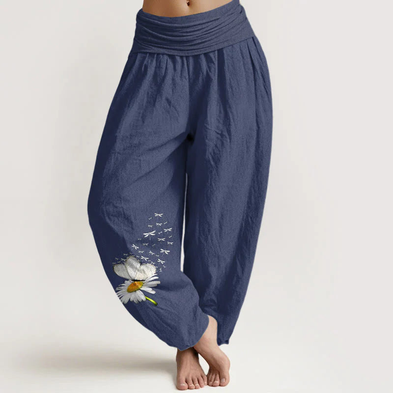 Buddha Stones Pure Cotton Elegant Daisy Butterfly Dragonfly Pattern Women's Elastic Waist Harem Pants