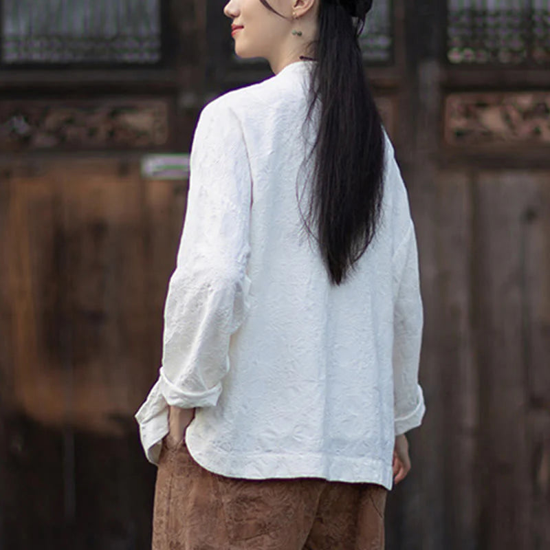 Buddha Stones Fall Jacquard Women's Frog-Button Long Sleeve Shirt Pants Cotton Linen Clothing