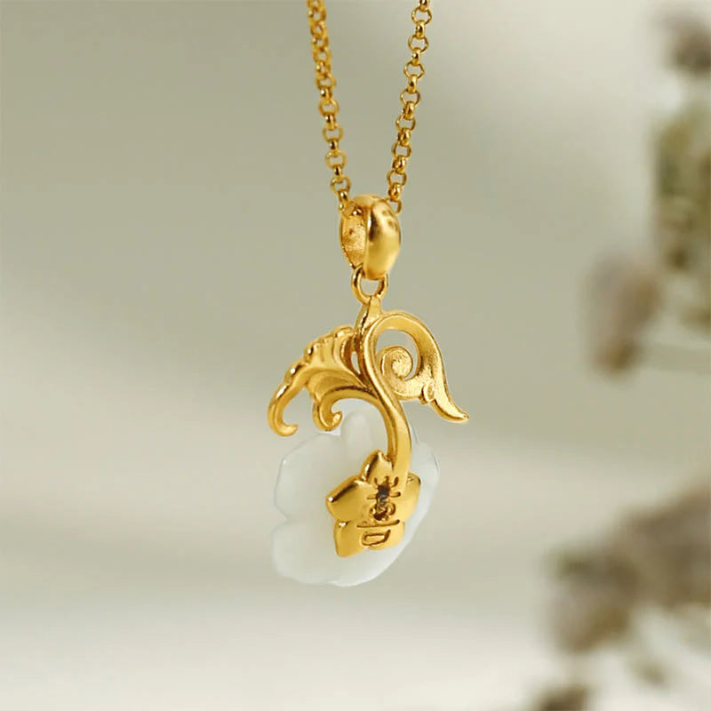 Buddha Stones Hetian Jade Flower 925 Sterling Silver Luck Necklace Pendant