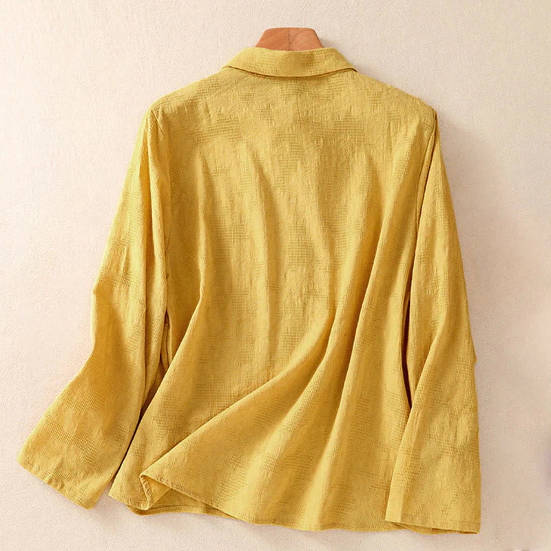 Buddha Stones Fall Embroidery Asymmetrical Design Frog-Button Women's Cotton Long Sleeve Shirt