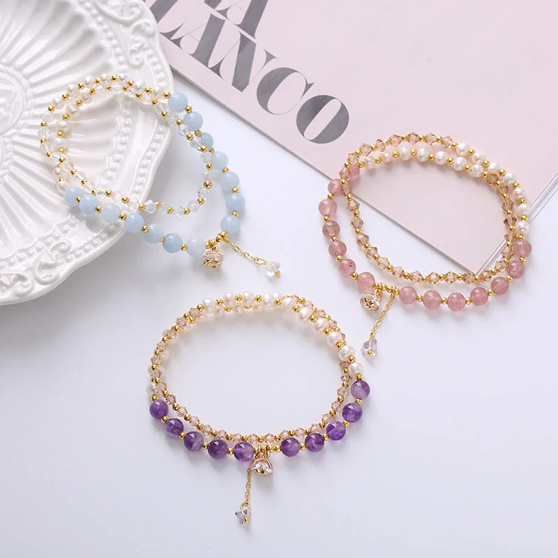Buddha Stones Natural Amethyst Aquamarine Strawberry Quartz Pearl Peace Healing Double Wrap Bracelet
