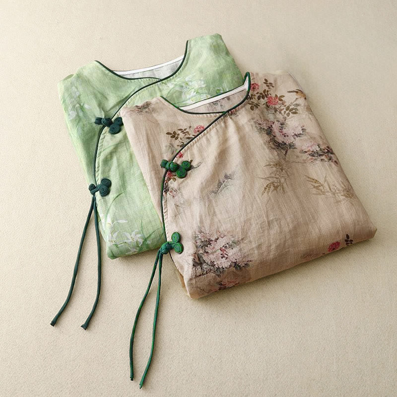 Buddha Stones White Orchid Red Flowers Frog-Button Design Three Quarter Sleeve Women's Shirt