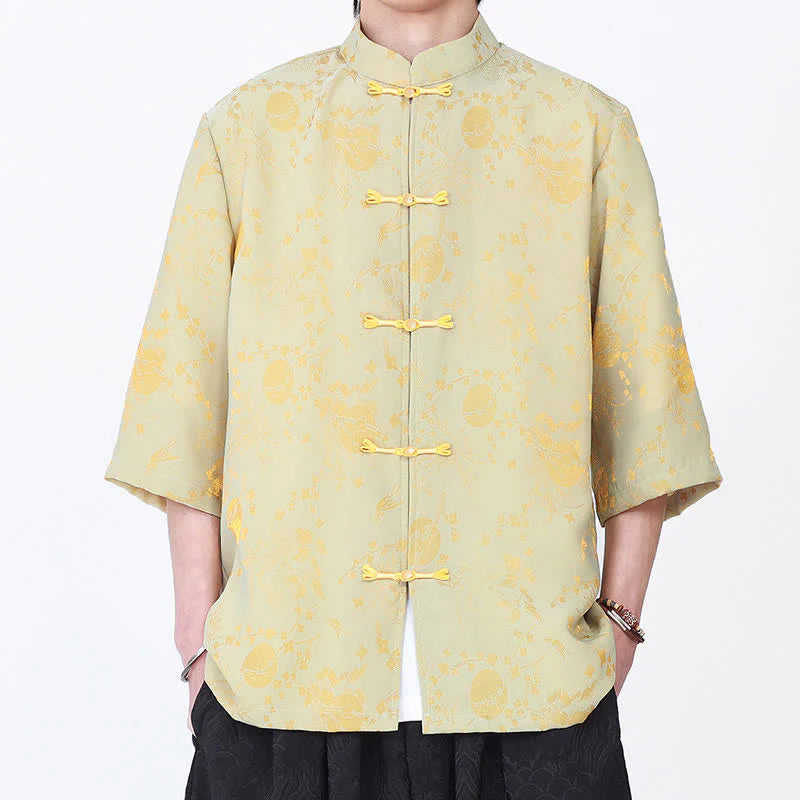 Buddha Stones Summer Vintage Elegant Mandarin Collar Gold Cloud Pattern Elbow Sleeve Men's Shirt