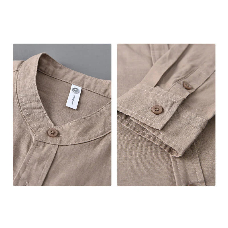 Buddha Stones Men's Long Sleeve Stand Collar With Pocket Pure Color Casual Cotton Linen Shirt