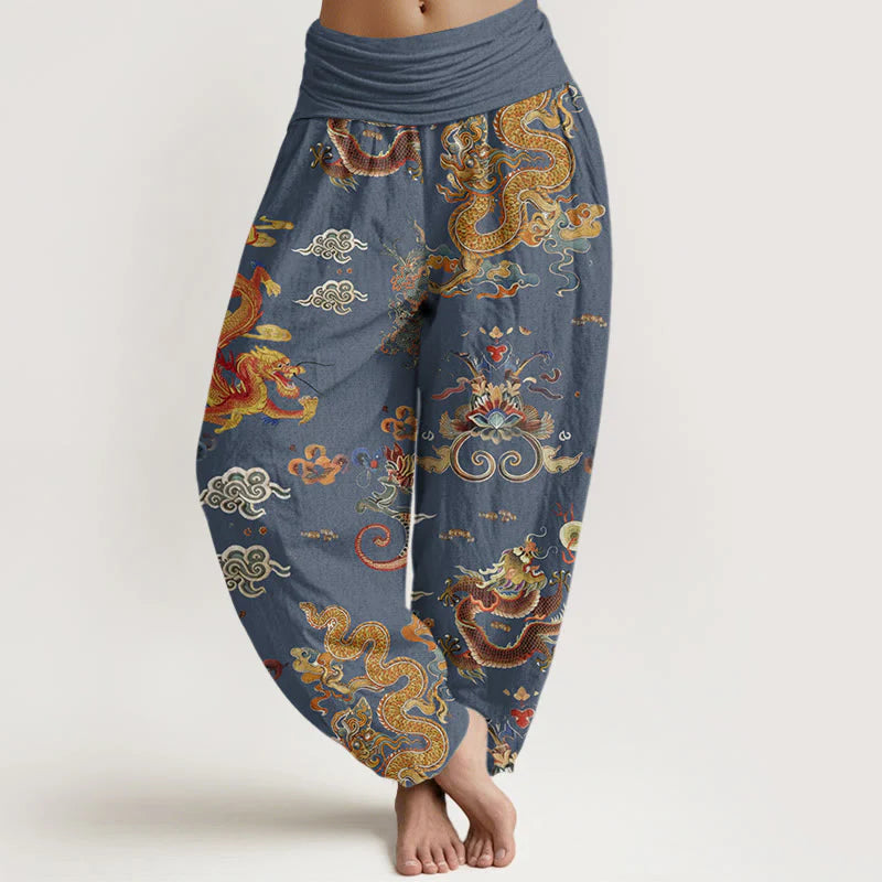 Buddha Stones Cotton Golden Dragons Auspicious Clouds Design Women's Elastic Waist Harem Pants
