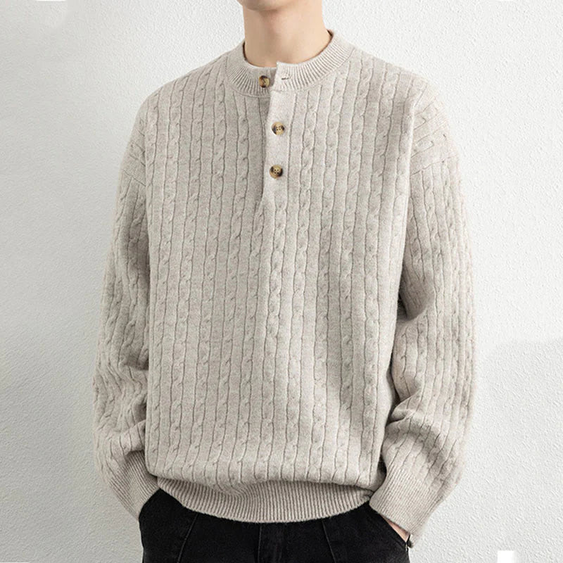 Buddha Stones Winter Crew Neck Three Buttons Twisted Design Warm Men's Long Sleeve Knitted Sweater