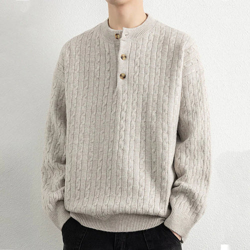 Buddha Stones Winter Crew Neck Three Buttons Twisted Design Warm Men's Long Sleeve Knitted Sweater
