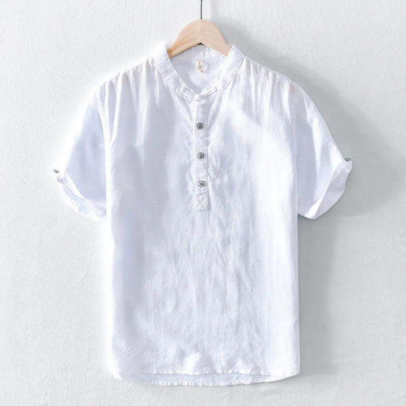 Buddha Stones Solid Color Half Button Design Stand Collar Men's Short Sleeve Cotton Linen Shirt