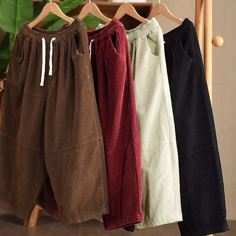 Buddha Stones Women's Drawstring Design Cotton Corduroy Thermal Fleece-Lined Pants With Pockets