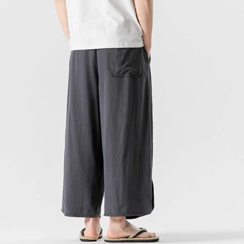 Buddha Stones Summer Plain Drawstring Design Linen Cotton Men's 7-8 Length Pants With Pockets
