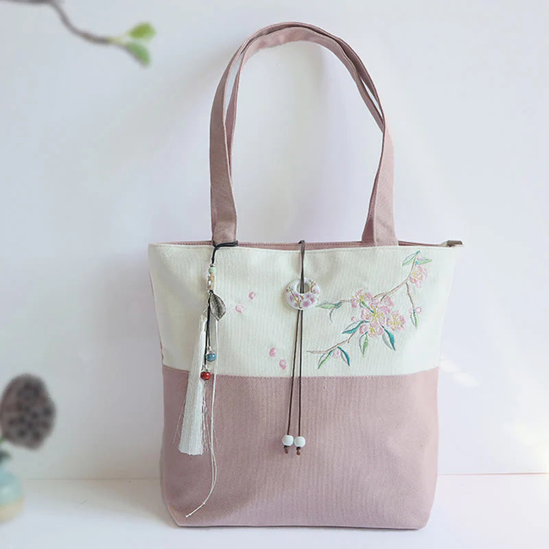 Buddha Stones Pear Flower Plum Peach Blossom Bamboo Embroidery Canvas Large Capacity Shoulder Bag Tote Bag
