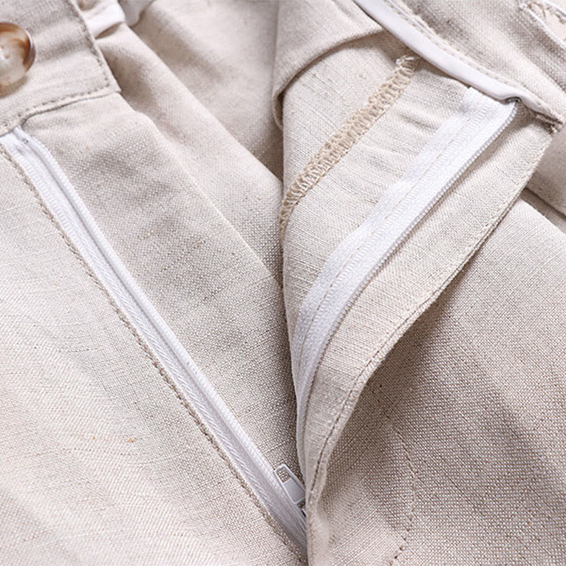 Buddha Stones Summer Zipper Elastic Waist Design Men's Cotton Linen Wide Leg Pants With Pockets