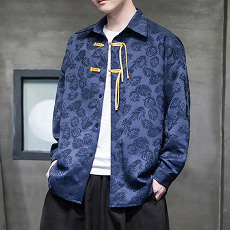 Buddha Stones Frog-Button Leaves Pattern Long Sleeve Men's Tang Suit Jacket
