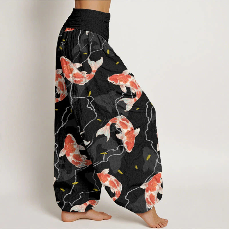 Buddha Stones Cotton Red White Koi Fish Pattern Design Women's Elastic Waist Harem Pants