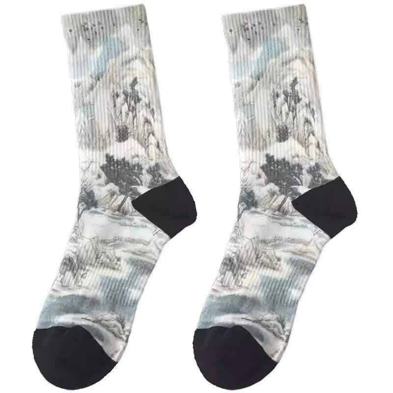Buddha Stones Chinese Ink Painting Landscape Pattern Micro Crew Three Pairs Men Women Unisex Socks