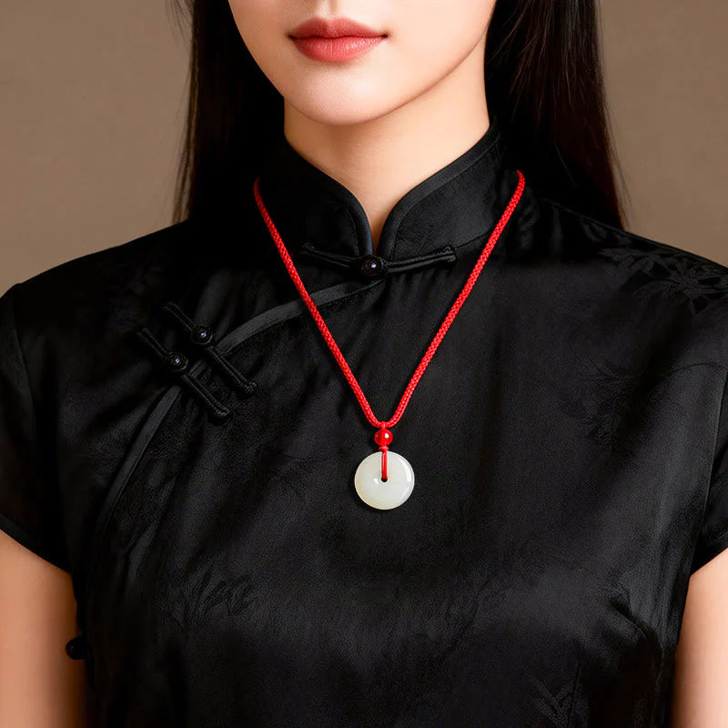 Buddha Stones Jade Peace Buckle Abundance Red Rope Necklace Pendant