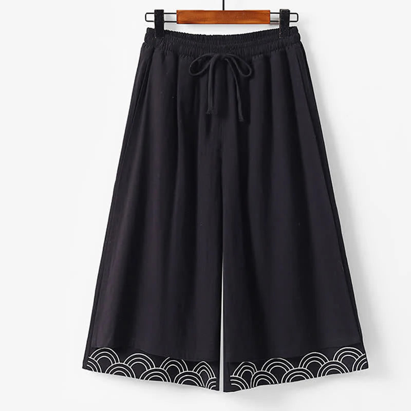 Buddha Stones Summer Embroidery Capri Length Cotton Linen Men's Wide Leg Pants With Pockets