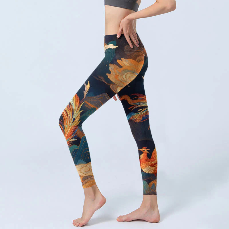 Buddha Stones Gorgeous Phoenix Cloud Mountain Pattern Print Gym Leggings Women's Yoga Pants