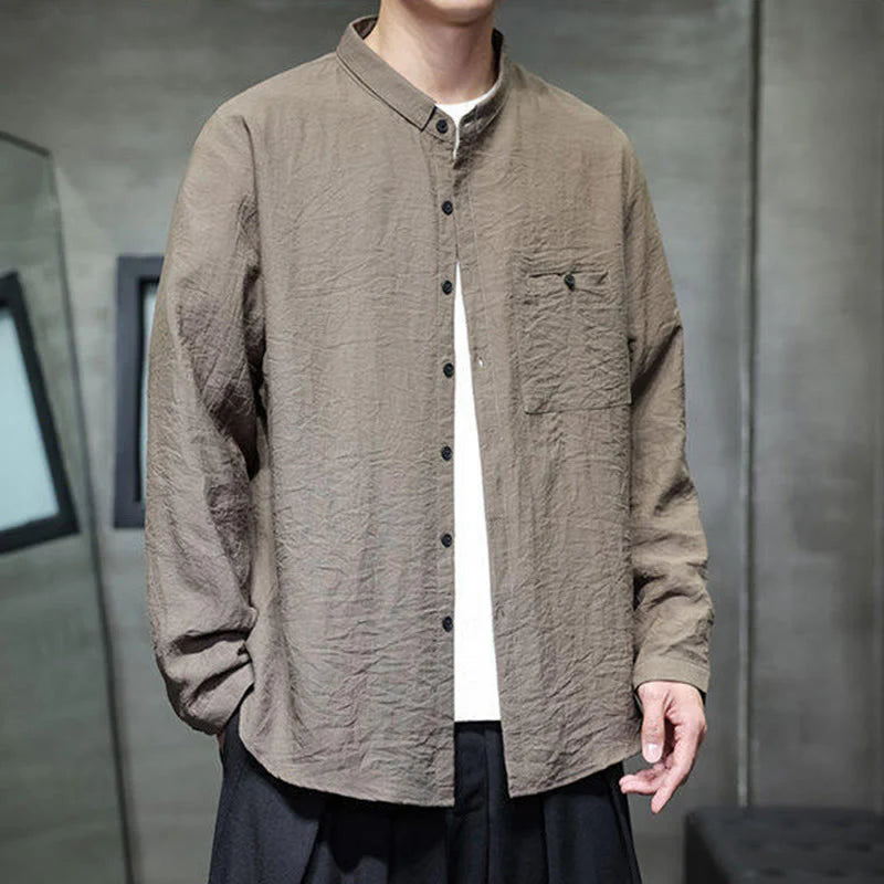 Buddha Stones Spring Men's Solid Color Buttons Design Long Sleeve Shirt