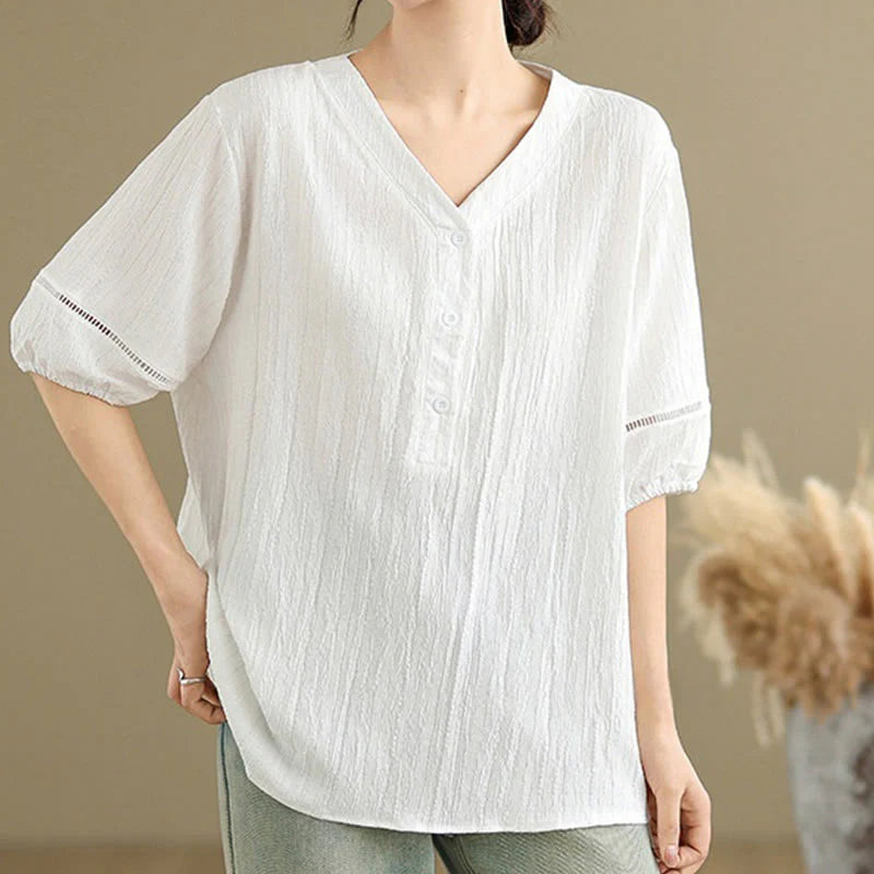 Buddha Stones Casual Plain Button V-Neck Women's Polyester Short Sleeve Shirt