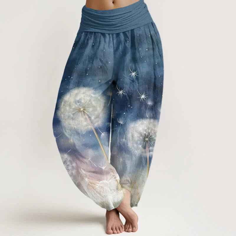 Buddha Stones Cotton Casual Dandelion Pattern Women's Elastic Waist Harem Pants