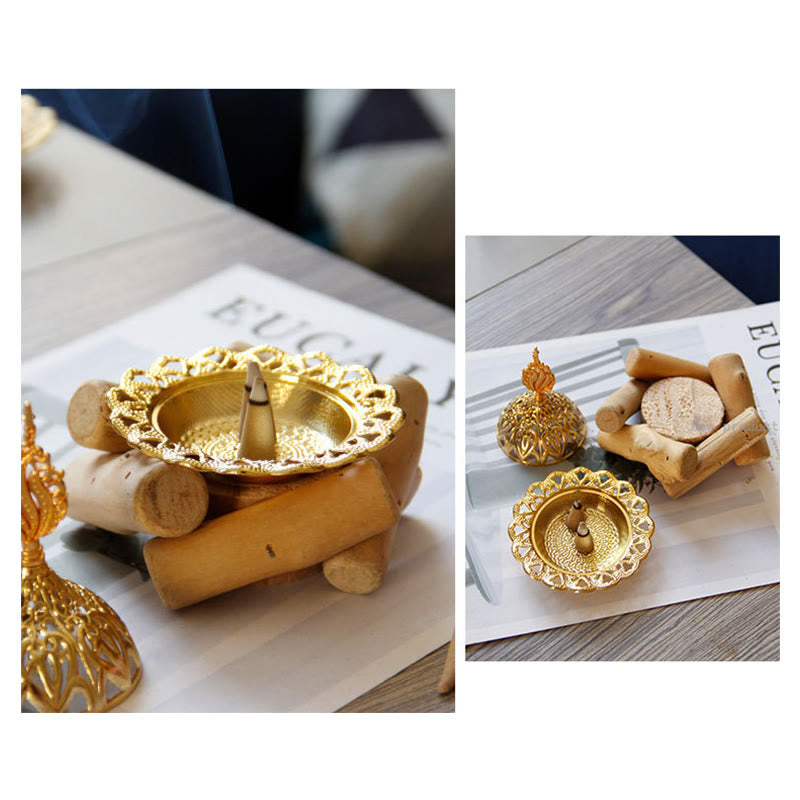 Buddha Stones Gold Alloy Healing Mini Incense Burner With Wooden Coaster Home Decor