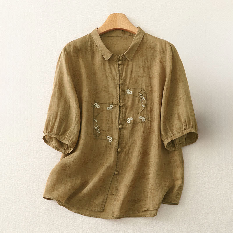 Buddha Stones Stand Collar Embroidery Button Design Three Quarter Sleeve Summer Women's Shirt