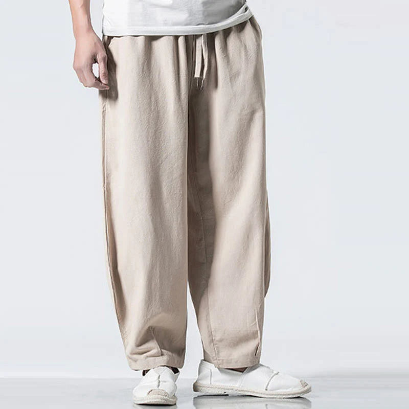 Buddha Stones Drawstring Elastic Waist Ankle-Length Men's Cotton Pants With Pockets