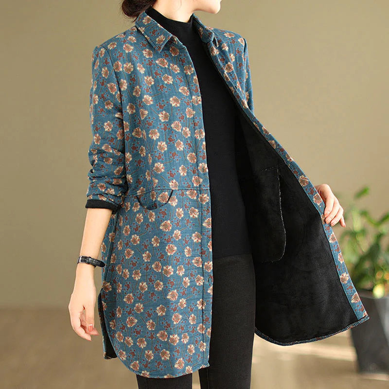 Buddha Stones Fall Winter Buttons Flower Patterns Long Sleeve Cotton Women's Jacket With Pockets