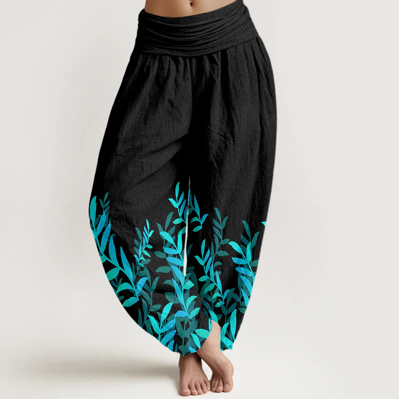 Buddha Stones Cotton Casual Leaves Pattern Women's Elastic Waist Harem Pants