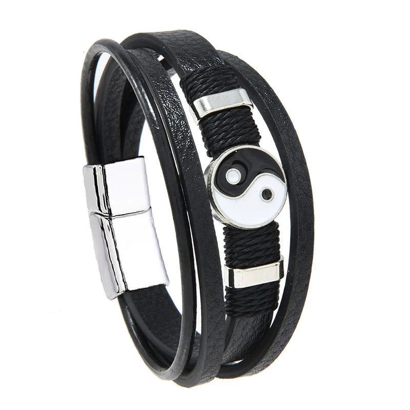 Buddha Stones Black White YIN YANG Multilayered Leather Balance Bracelet