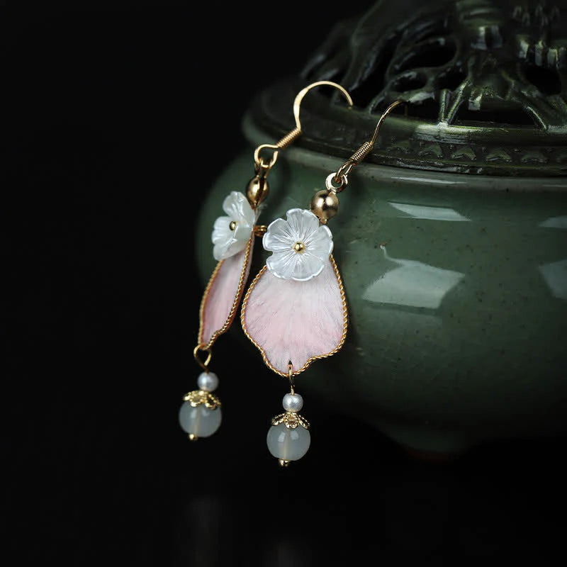 Buddha Stones Handcrafted Silk Art Petal Good Fortune Blessing Dangle Hook Earrings