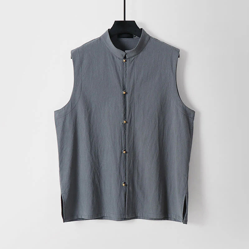 Buddha Stones Summer Solid Color Stand Collar Men's Cotton Linen Sleeveless Vest