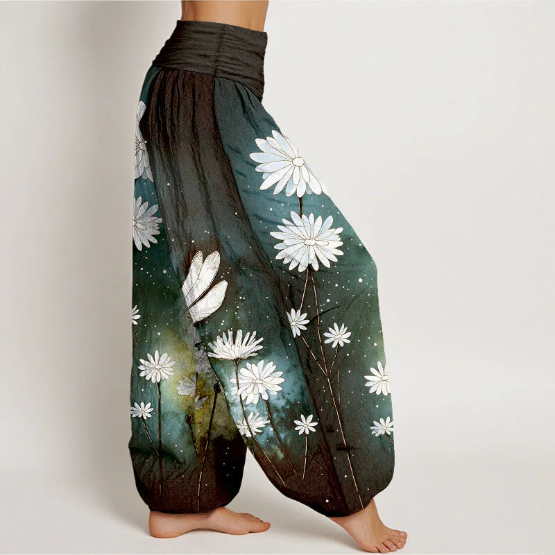 Buddha Stones Cotton Dreamy Daisy Dragonfly Pattern Women's Elastic Waist Harem Pants