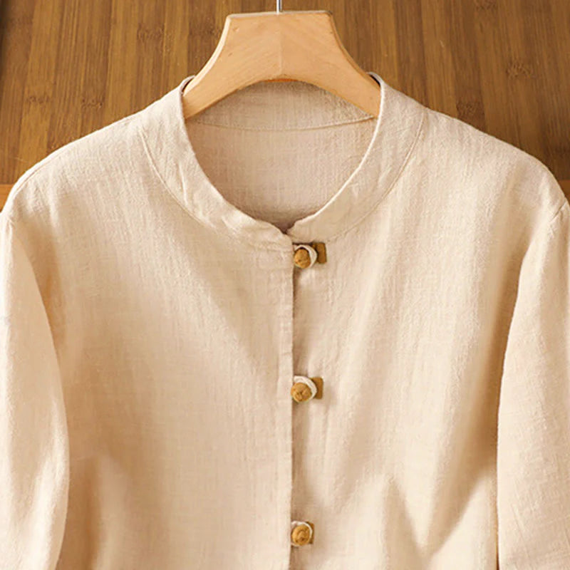 Buddha Stones Color Contrast Design Chinese Frog-Button Long Sleeve Women's Linen Shirt