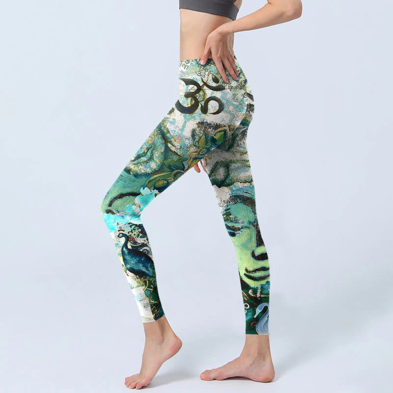 Buddha Stones Om Symbol Human Figure Peacock Lotus Pattern Print Gym Leggings Women's Yoga Pants