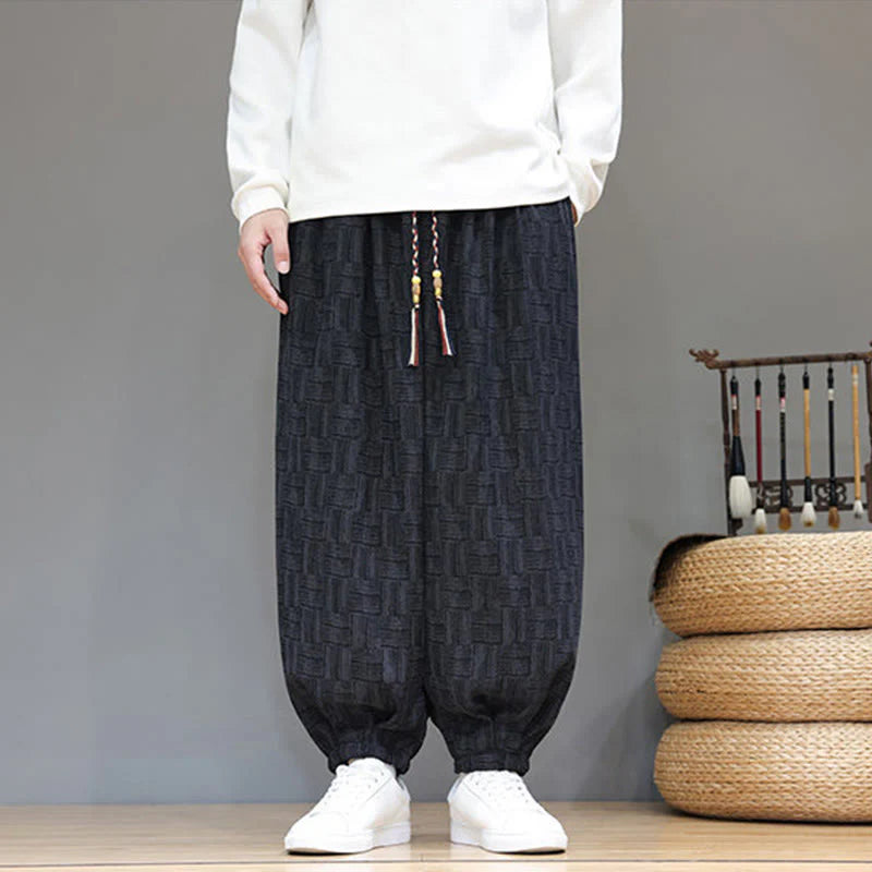 Buddha Stones Fall Jacquard Plaid Pattern Cotton Corduroy Men's Harem Pants With Pockets
