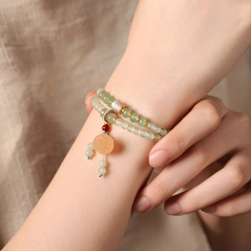 Buddha Stones Multiple Circles Natural Aventurine Glass Lotus Pods Lucky Bamboo Positivity Bracelet