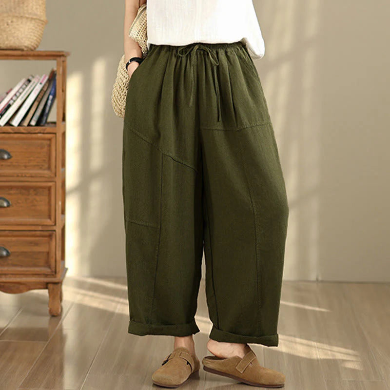 Buddha Stones Women's Fall Plain Color Drawstring Cotton Linen 7-8 Length Pants With Pockets