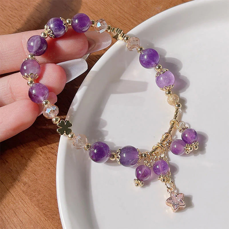 Buddha Stones Natural Amethyst Four Leaf Clover Star Peace Bracelet