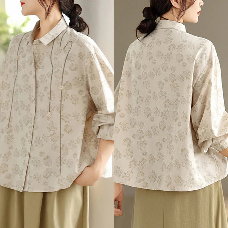 Buddha Stones Casual Embroidered Florals Women's Long Sleeve Polyester Shirt