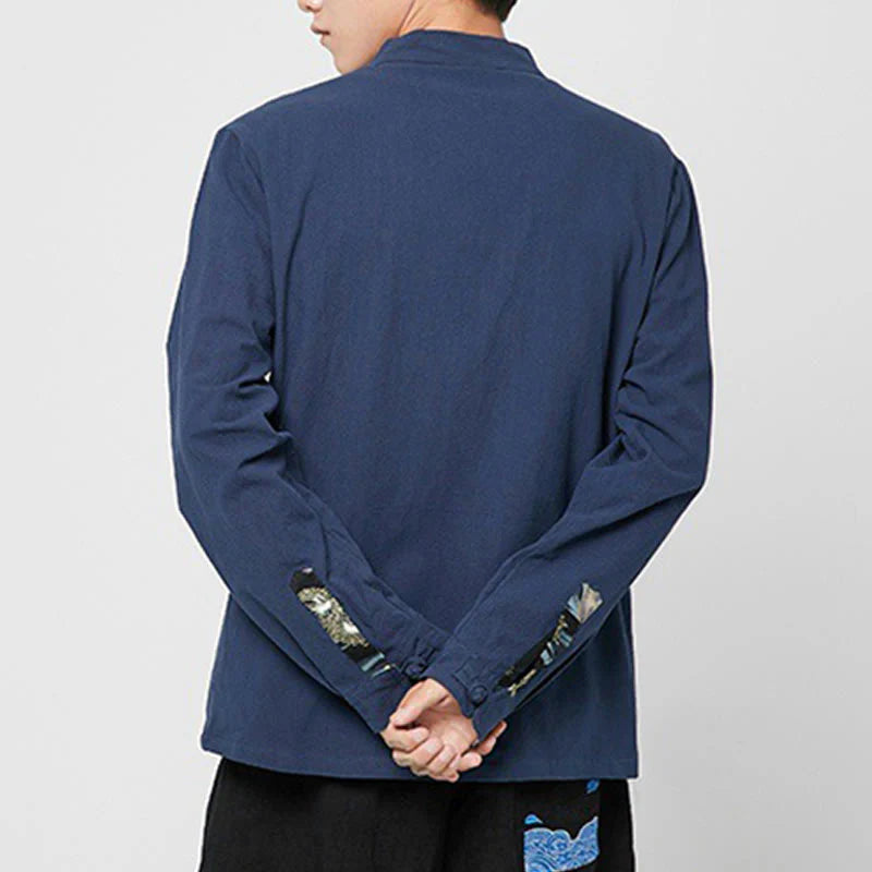 Buddha Stones Men's Frog-Button Dragon Pattern Cuffs Cotton Long Sleeve Shirt