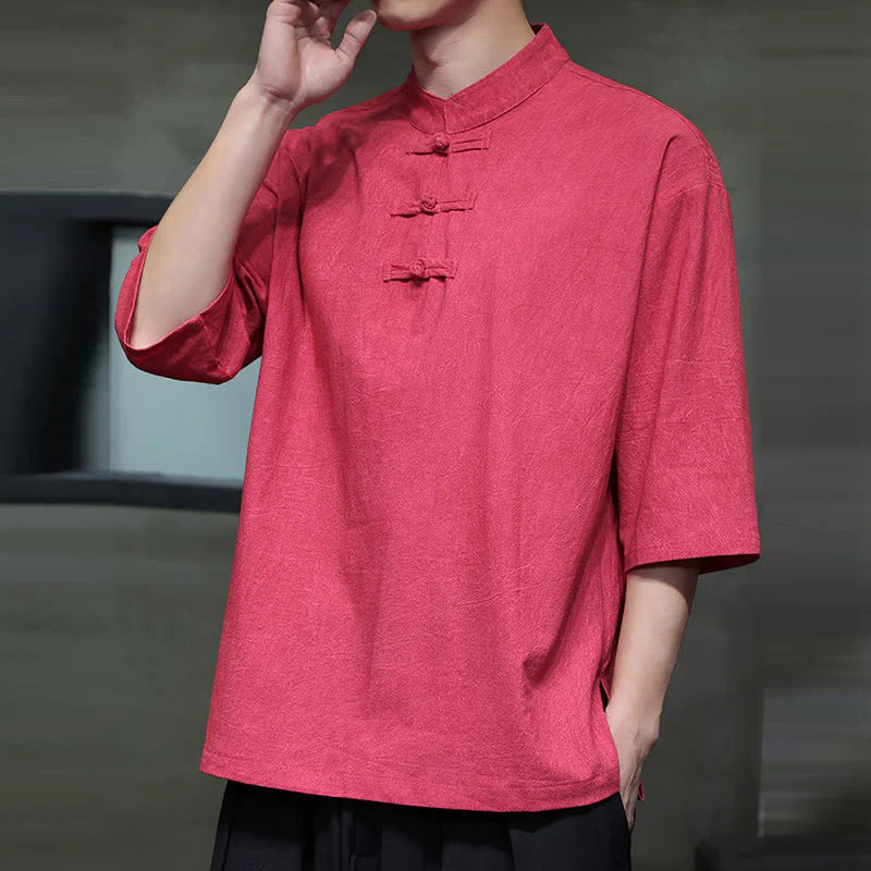 Buddha Stones Men's Chinese Frog-Button Tang Suit Half Sleeve Cotton Linen Shirt