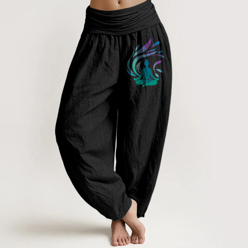 Buddha Stones Pure Cotton Simple Composition Human Figure Pattern Women's Elastic Waist Harem Pants