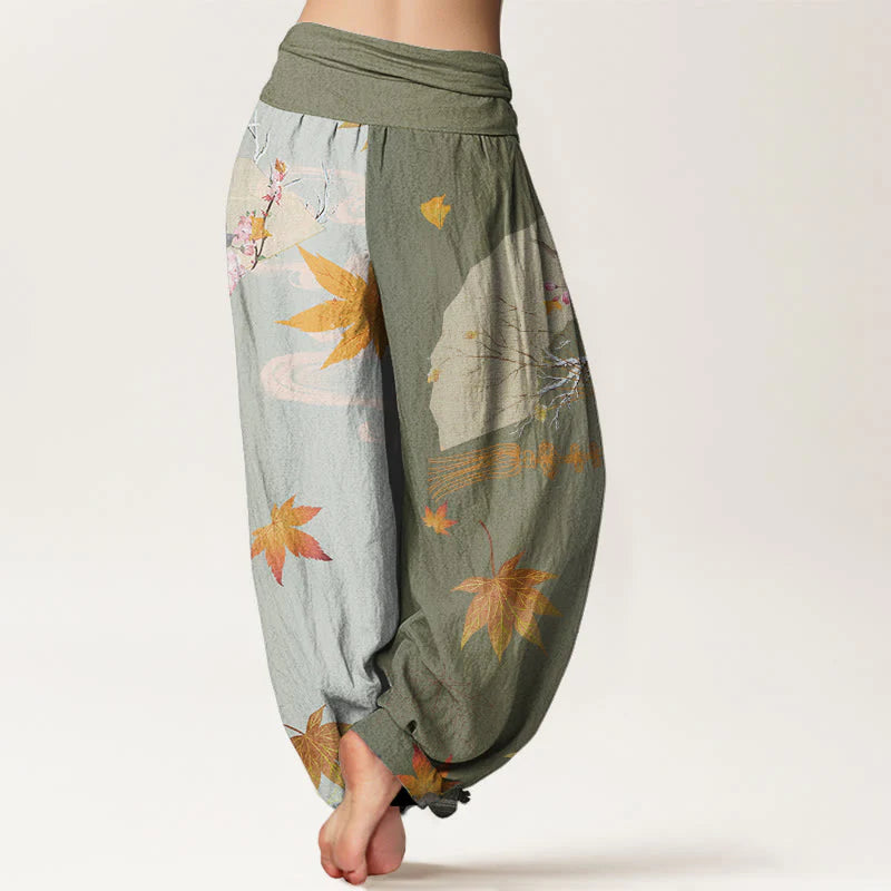 Buddha Stones Cotton Casual Folding Fan Flowers Maple Leaves Cloud Pattern Women's Elastic Waist Harem Pants