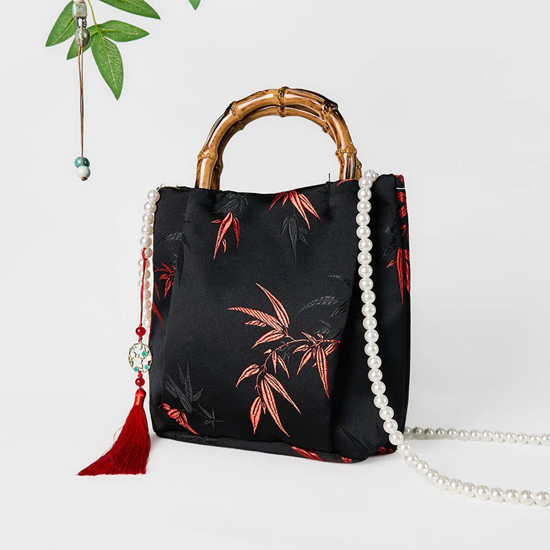 Buddha Stones Polyester Cotton Embroidery Leaves Bamboo Handle Pearl Crossbody Bag Hangbags