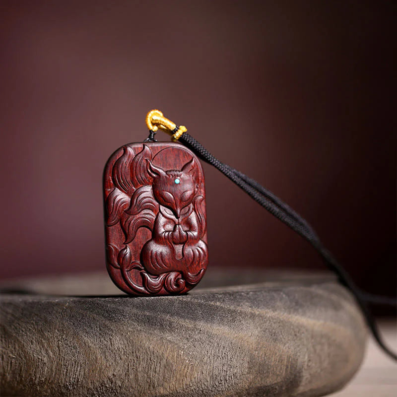 Buddha Stones Small Leaf Red Sandalwood Nine Tailed Fox Pattern Longevity Necklace Pendant (Extra 35% Off | USE CODE: FS35)