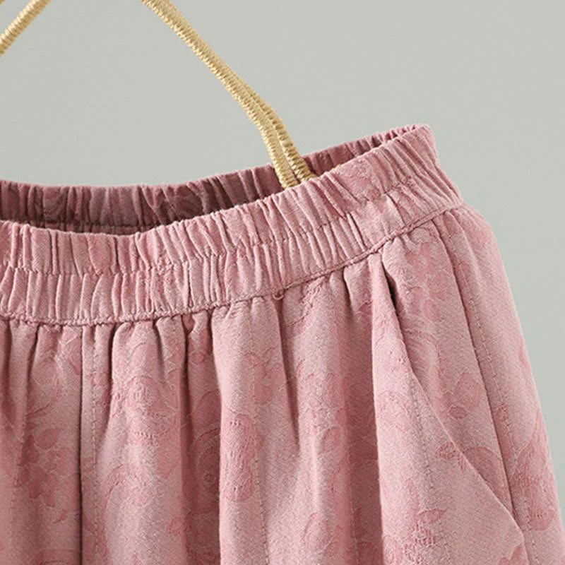 Buddha Stones Jacquard Cotton-padded Women's Wide Leg Thermal Ankle-Length Pants With Pockets