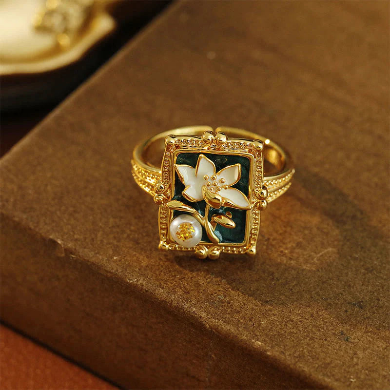 Buddha Stones Vintage Oil Painting Lotus Flower Pearl Copper Wealth Ring